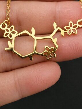Seratonin dopamine floral molecule gold stainless steel necklace